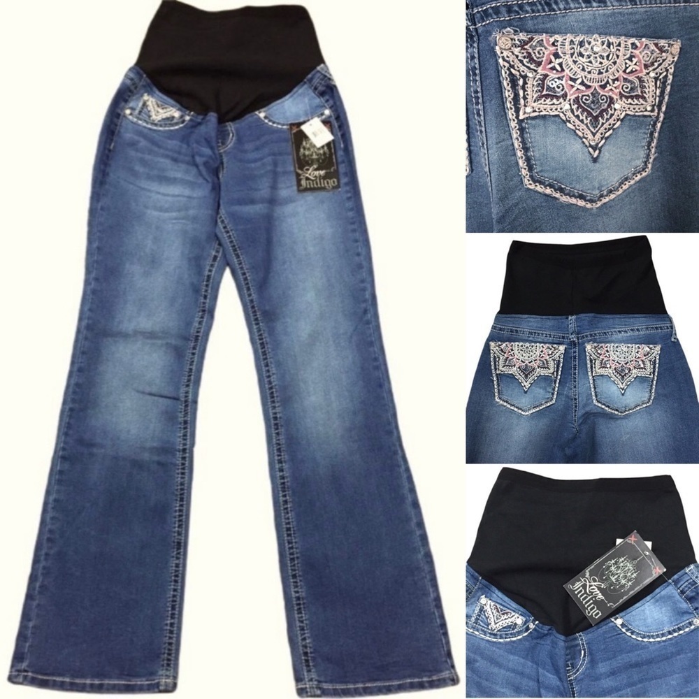 NWT LOVE INDIGO Maternity Pull-on Jeans Rhinestone Pockets SIZE Small